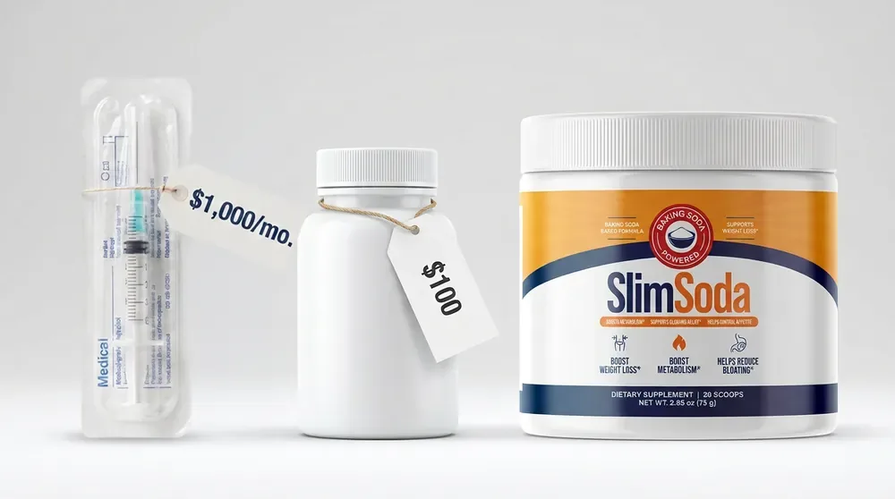 The injections, the celebrity capsule, and SlimSoda side by side