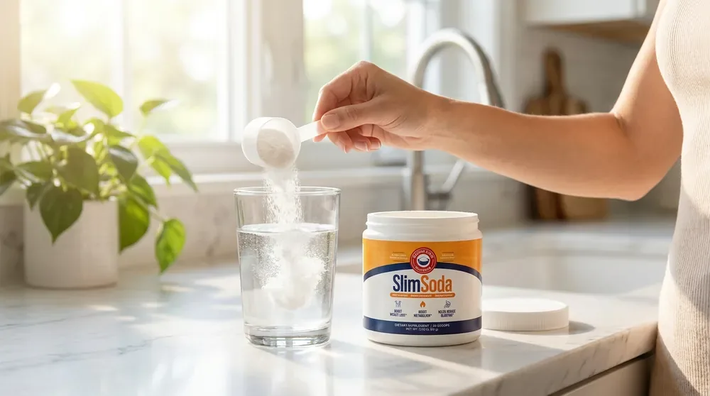 One scoop of SlimSoda stirred into a glass of water